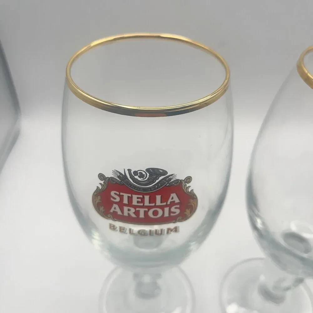 STELLA ARTOIS Belgium Chalice Beer Glass 33 CL Gold Rim (Set Of 2)
